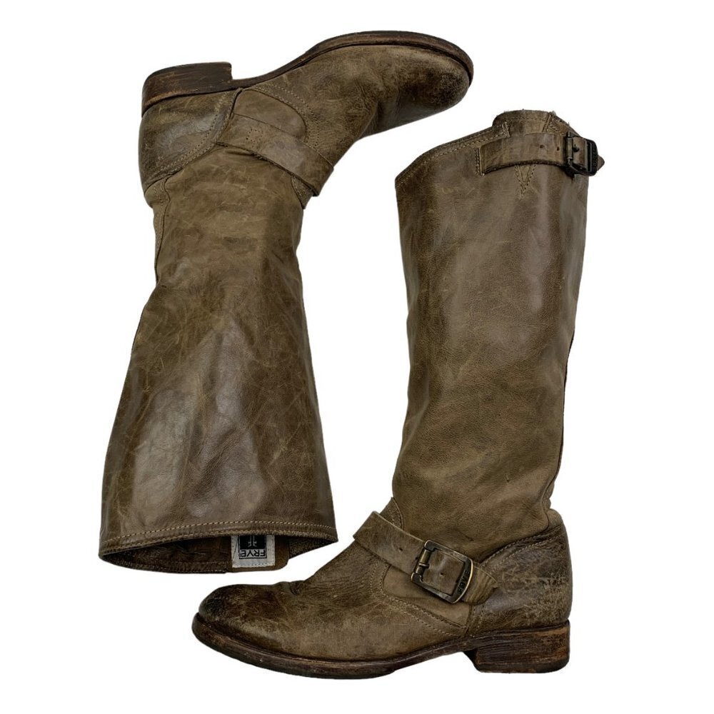 Frye Veronica Slouch Tall Boots Buckle Brown Distressed Boots Women's Size 8.5